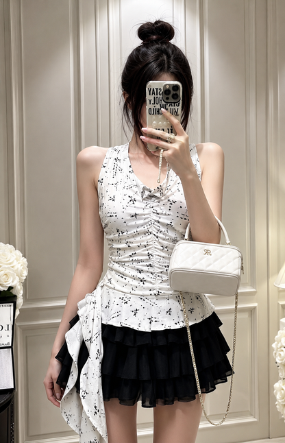 Constellation Print Ruched Ruffle Halter Top
