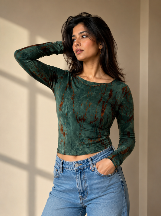 Vintage Flocked Burnout Mock-Neck Long-Sleeve Powernet Top