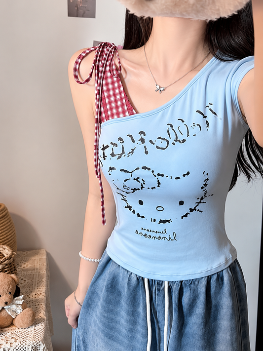 Y2K Layered Asymmetric Cartoon Graphic Padded Tee
