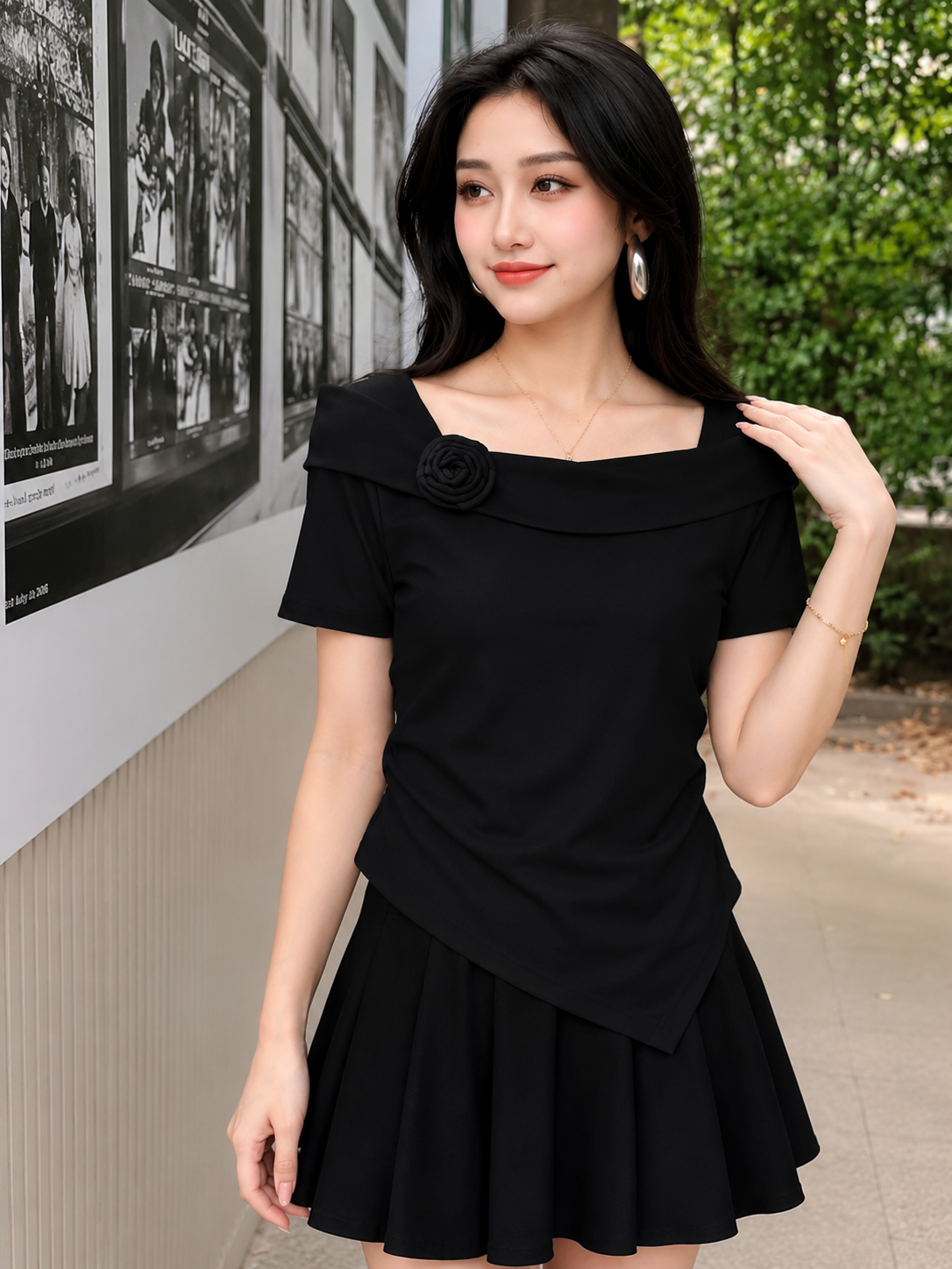 3D Rosette Detail Asymmetric Hem Top