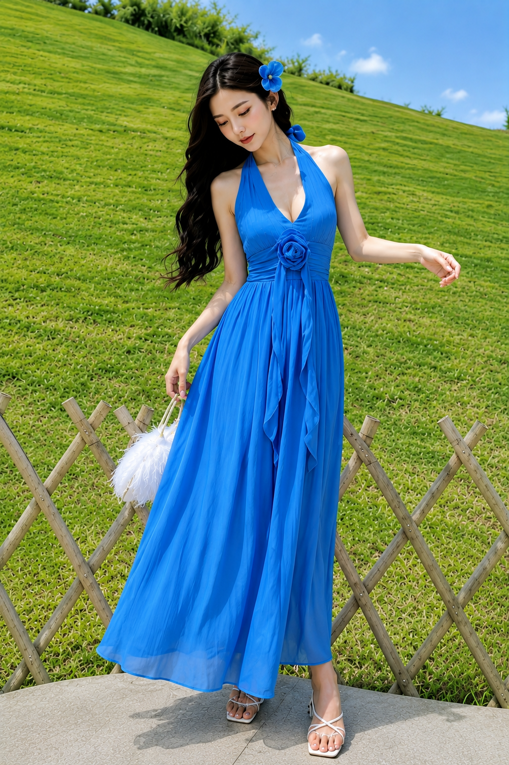 3D Rosette Halter Pleated Cotton Maxi Dress