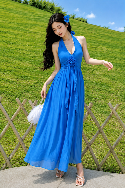 3D Rosette Halter Pleated Cotton Maxi Dress