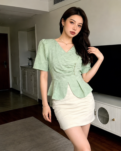 V-Neck Ruched Jacquard Peplum Top
