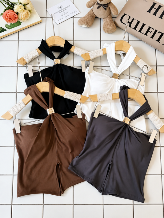 Metallic Ring Keyhole Twist Halter Top