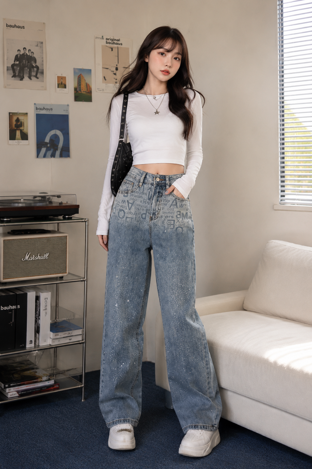 Rhinestone & Typography Monogram Wide-Leg Jeans