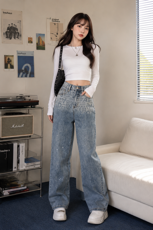 Rhinestone & Typography Monogram Wide-Leg Jeans