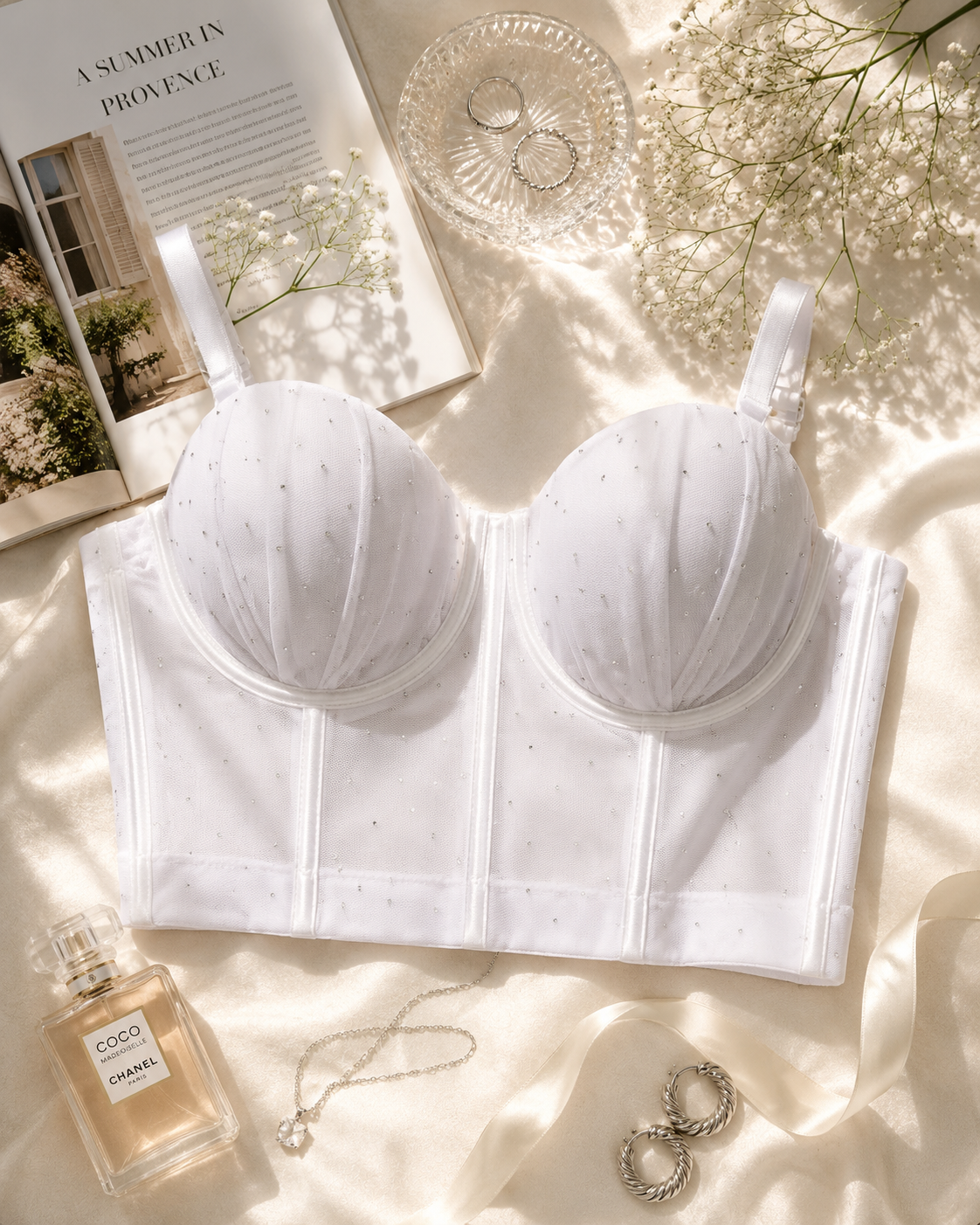 Rhinestone Accent Sheer Mesh Corset Top