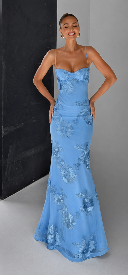 Embroidered Floral Lace-Up Mermaid Maxi Gown