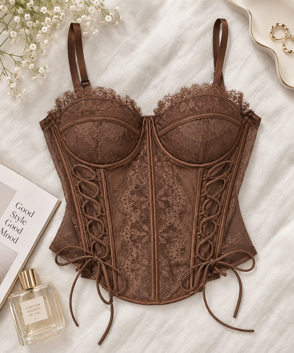Lace-Up Front Sheer Lace Basque Corset Top