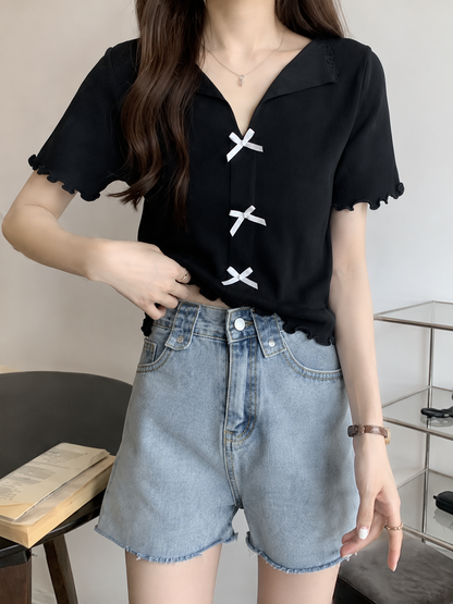 Ribbon Bow Knitted Short-Sleeve Top