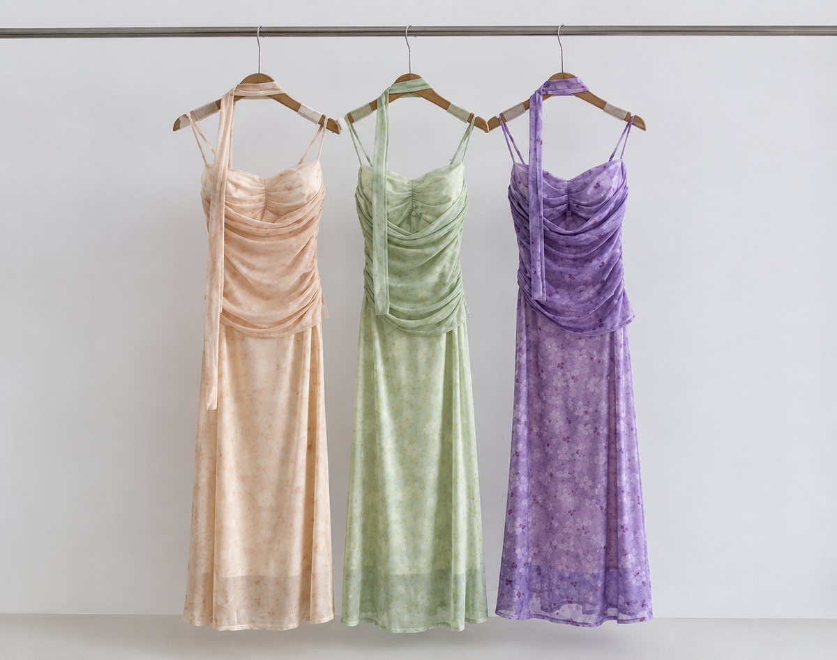 Ruched Chiffon Floral Maxi Dress with Skinny Neck Scarf