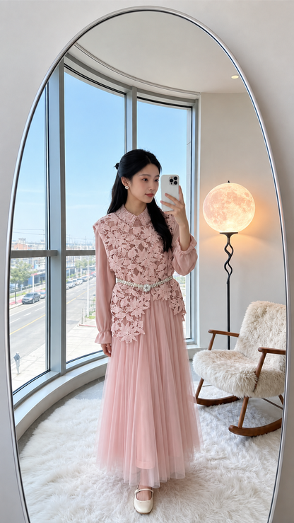 Floral Guipure Lace Overlay Pleated Co-Ord Set