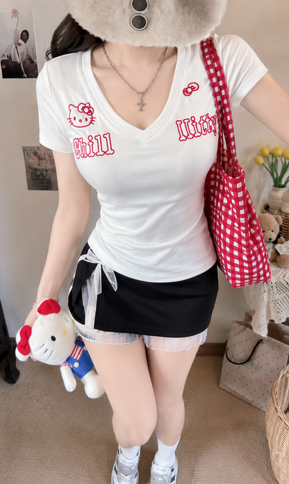 Embroidered V-Neck Padded Tee