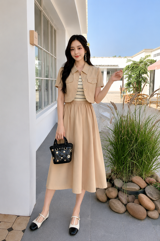 Short-Sleeve Cropped Jacket & A-Line Midi Dress Set