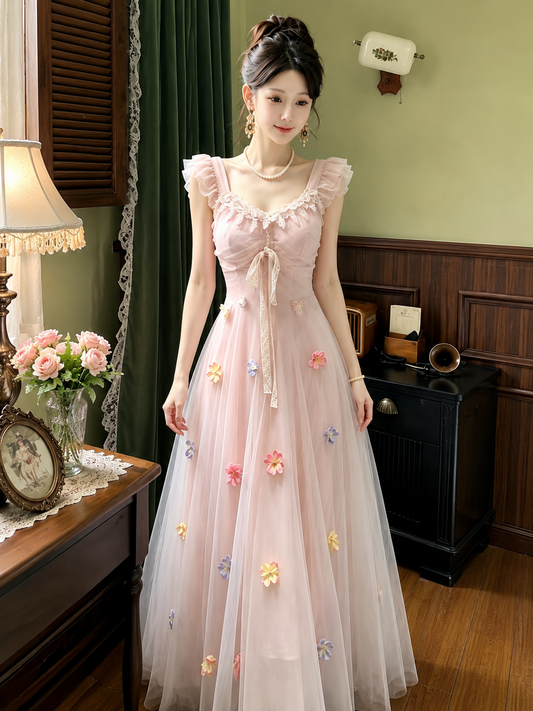 3D Floral Applique Ruffle Sleeve Maxi Dress