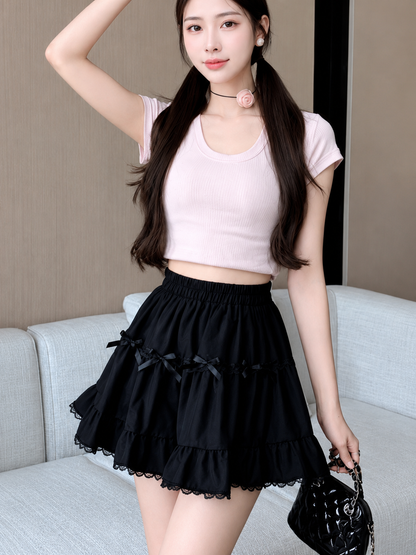 Lace-Trim Tiered Bow Mini Skort