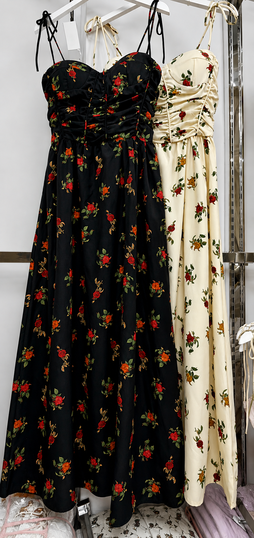 Floral Corset Bustier Tie-Shoulder Maxi Dress