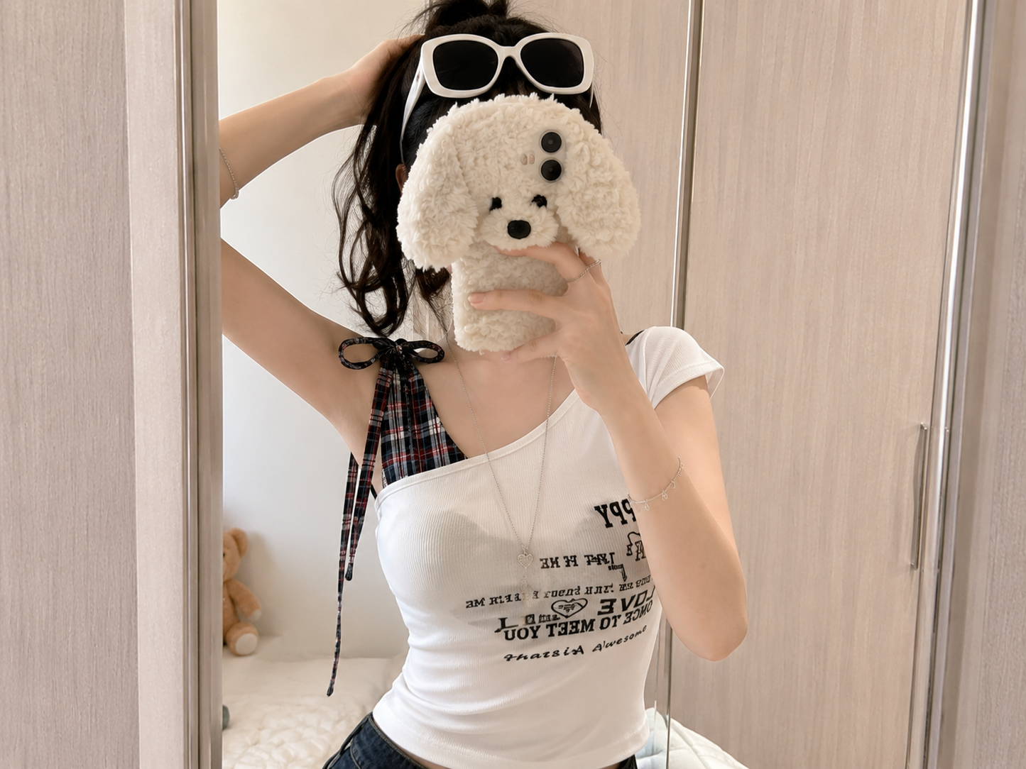 Asymmetrical Plaid Panel Graphic Tie-Strap Padded Top