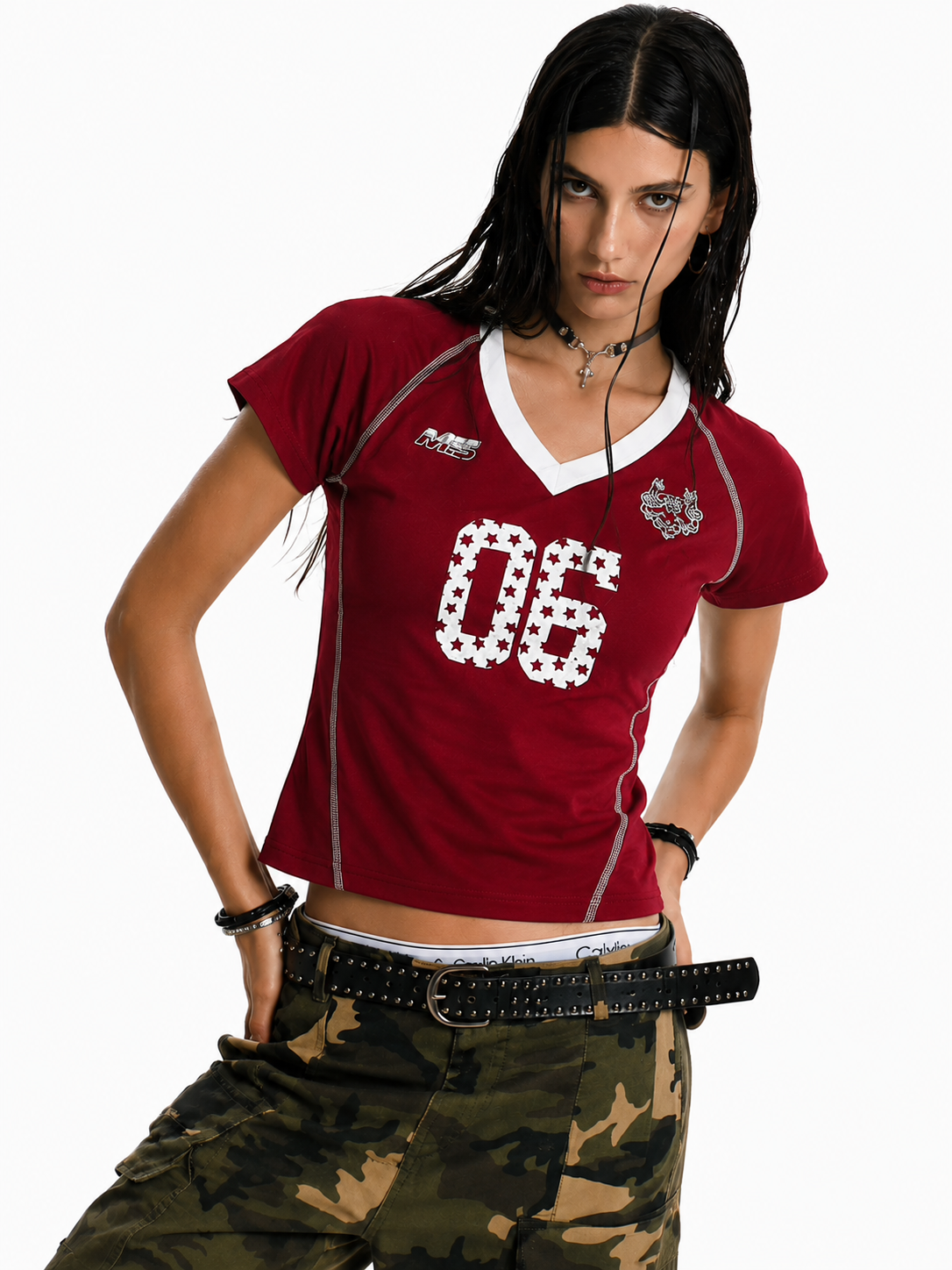 Star-Graphic Contrast Stitch V-Neck Jersey Baby Tee