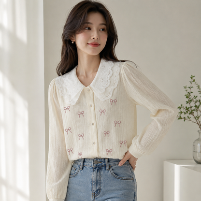 Embroidered Bow Eyelet Peter Pan Collar Shirt