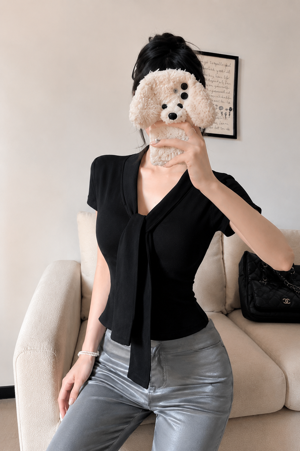 Ribbed V-Neck Tie-Front Top