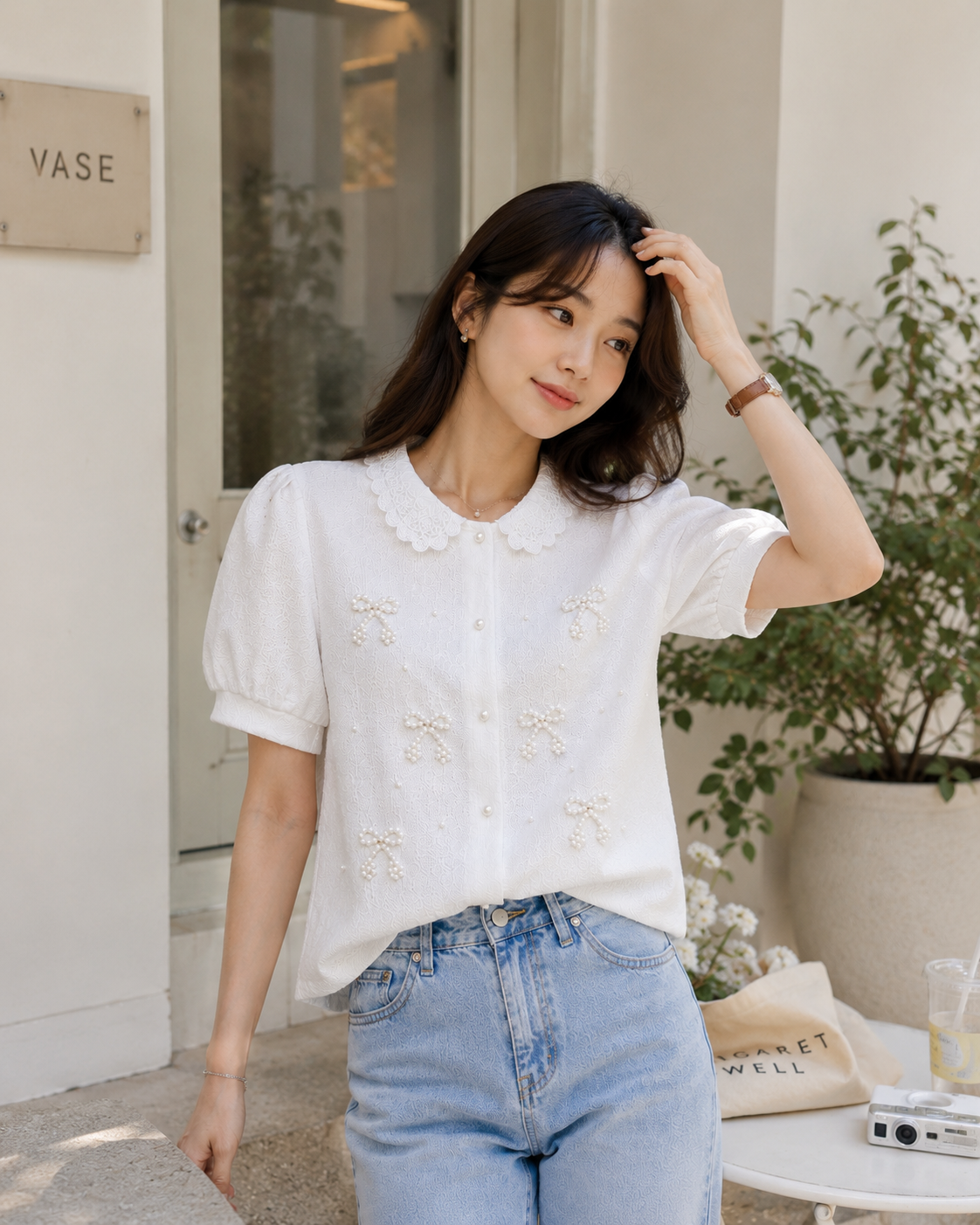 Pearl Bow Peter Pan Collar Puff Sleeve Shirt