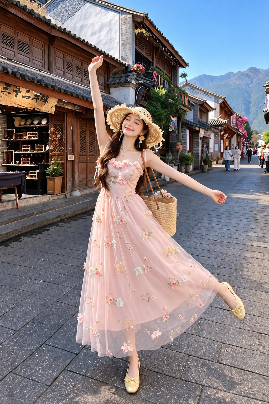 3D Floral Appliqué Embroidered Tulle Bustier Maxi Dress