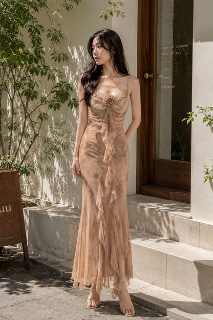 3D Rosette Ruffle Tie-Dye Power Net Maxi Dress