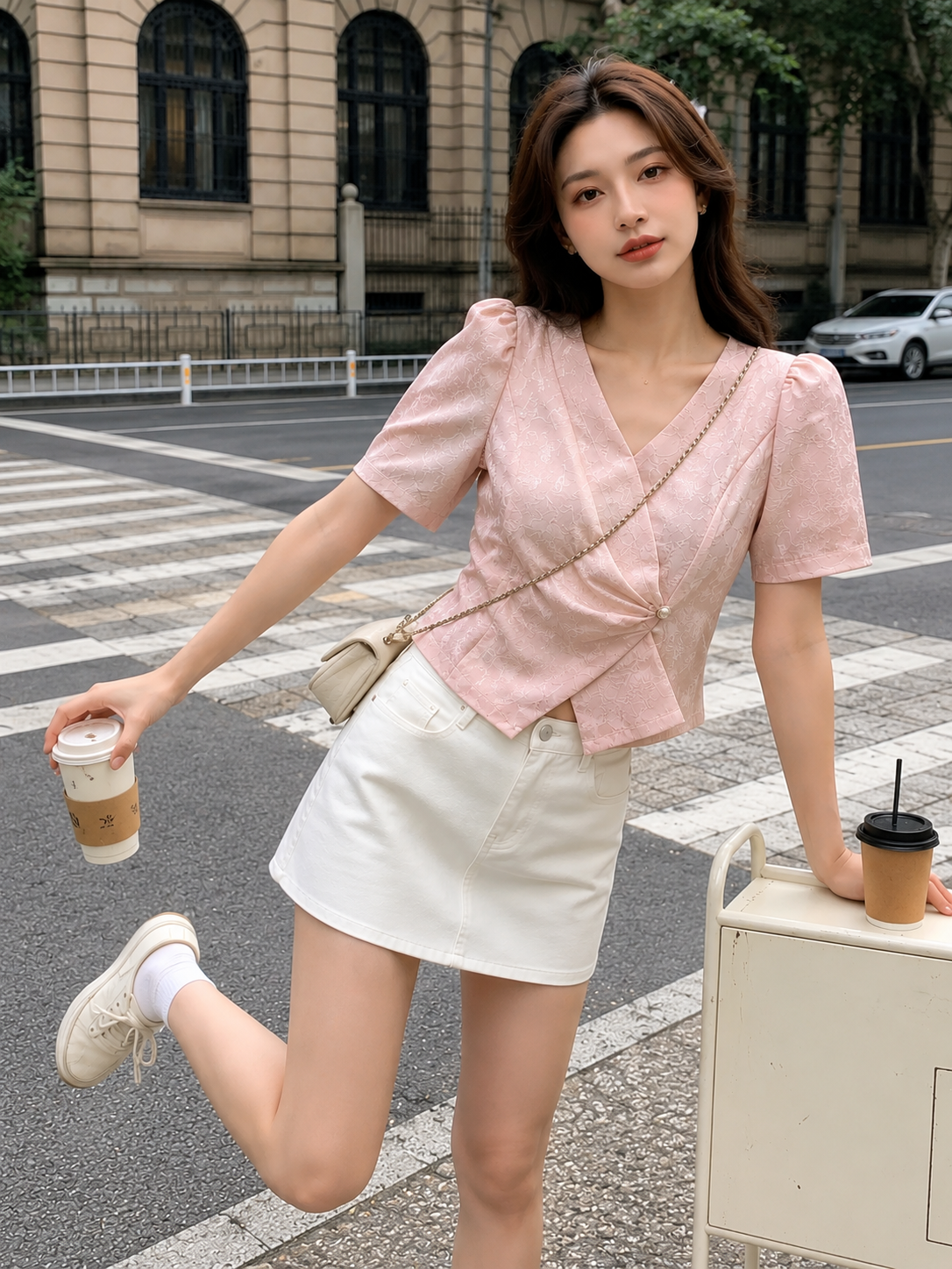 Short-Sleeve Jacquard Wrap Style Top with Pearl Accent