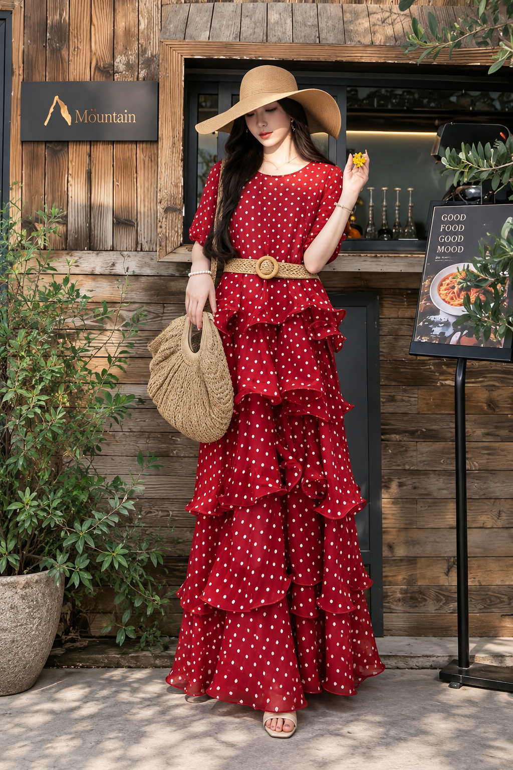 Polka Dot Tiered Ruffle Maxi Dress with Woven Belt