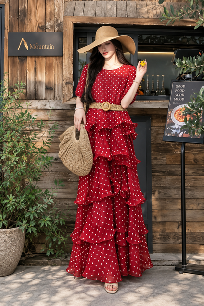 Polka Dot Tiered Ruffle Maxi Dress with Woven Belt
