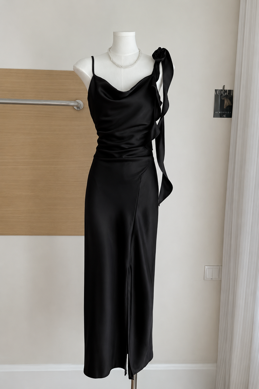 Rosette Satin Maxi Dress