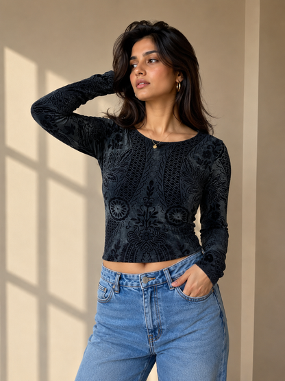 Vintage Flocked Burnout Mock-Neck Long-Sleeve Powernet Top