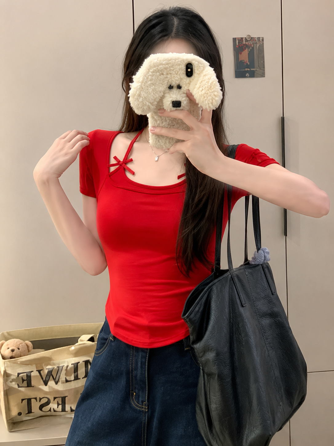 Faux Layered Halter-Neck Bow Padded Tee