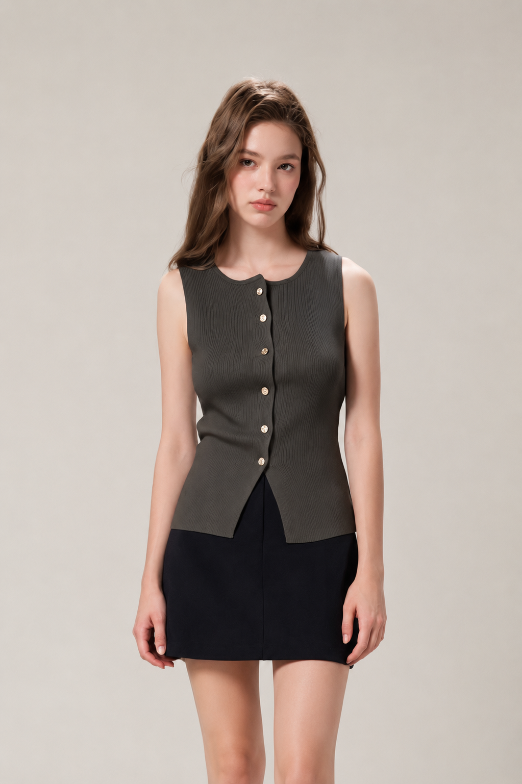 Button Ribbed Knit Waist Coat Top