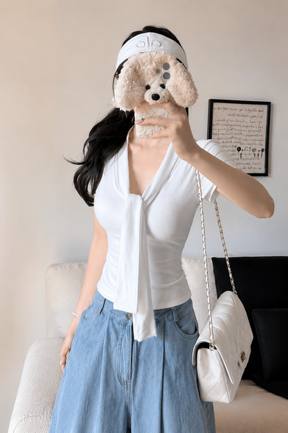 Ribbed V-Neck Tie-Front Top