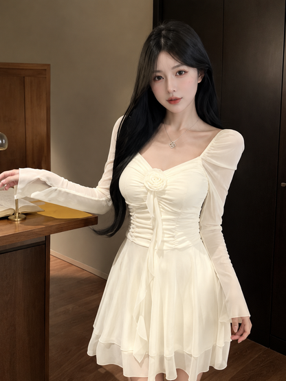 3D Rosette Ruched Chiffon Skater Mini Dress