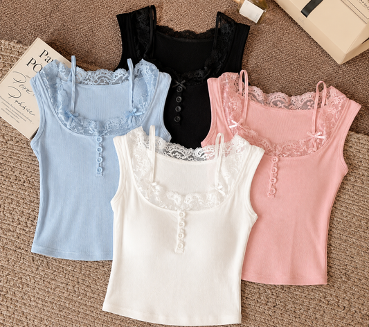Lace Trim Henley Illusion Tank Top