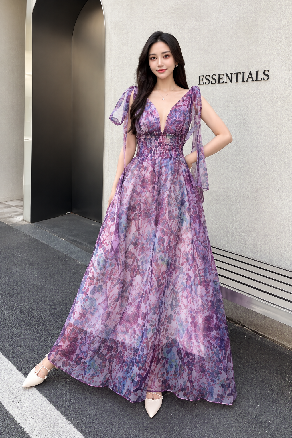 Smocked Waist Watercolor Organza Maxi Dress with Tie Shoulders