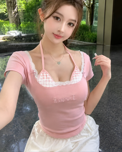 Y2K Layered Gingham Halter Padded Top