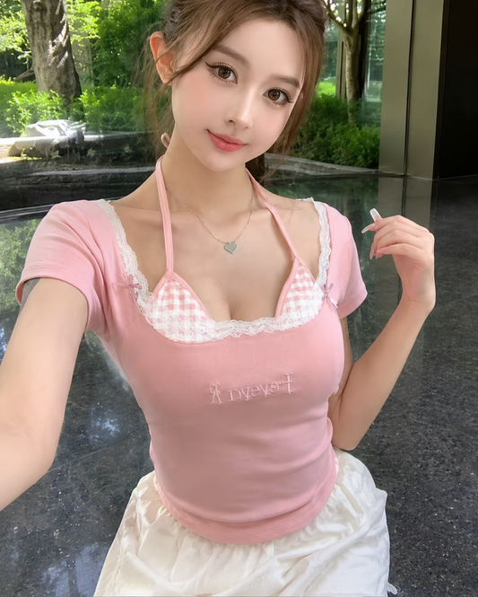 Y2K Layered Gingham Halter Padded Top