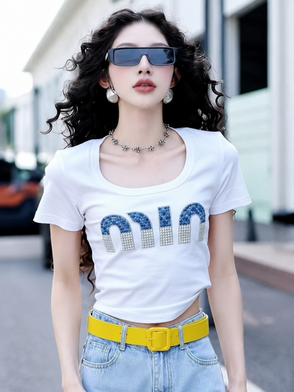 Beaded & Rhinestone Embellished Scoop-Neck Baby Tee