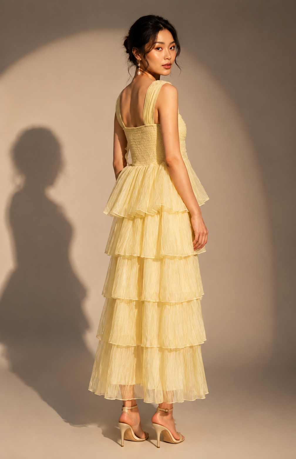 Pearl-Trimmed Tiered Weightless Midi Dress