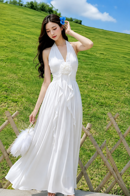 3D Rosette Halter Pleated Cotton Maxi Dress