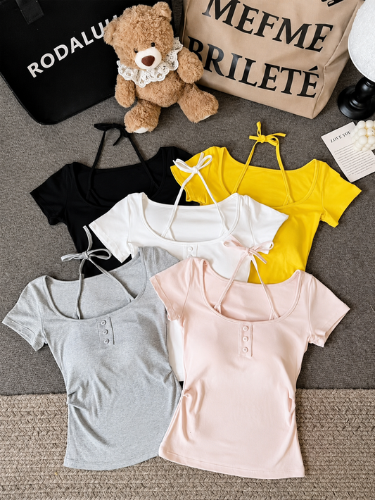 Layered Halter-Neck Henley Padded Tee