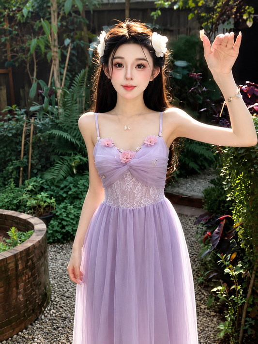 Floral Applique Mesh Layered Maxi Dress