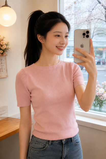 Short-Sleeve Rib-Knit Crewneck Sweater Tee