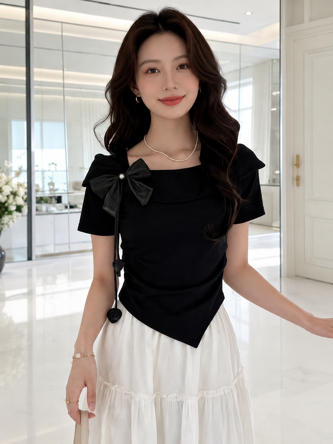 Portrait Collar Statement Bow Asymmetric Top