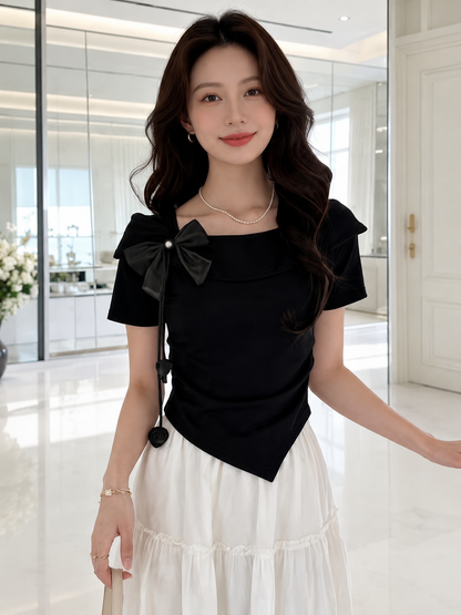 Portrait Collar Statement Bow Asymmetric Top