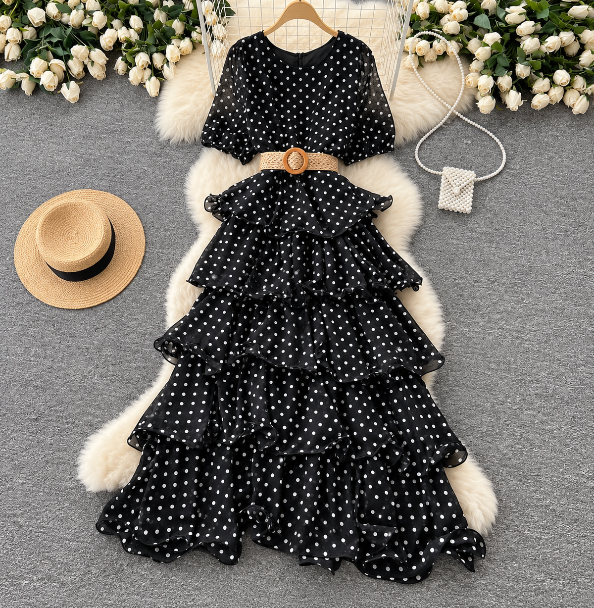 Polka Dot Tiered Ruffle Maxi Dress with Woven Belt